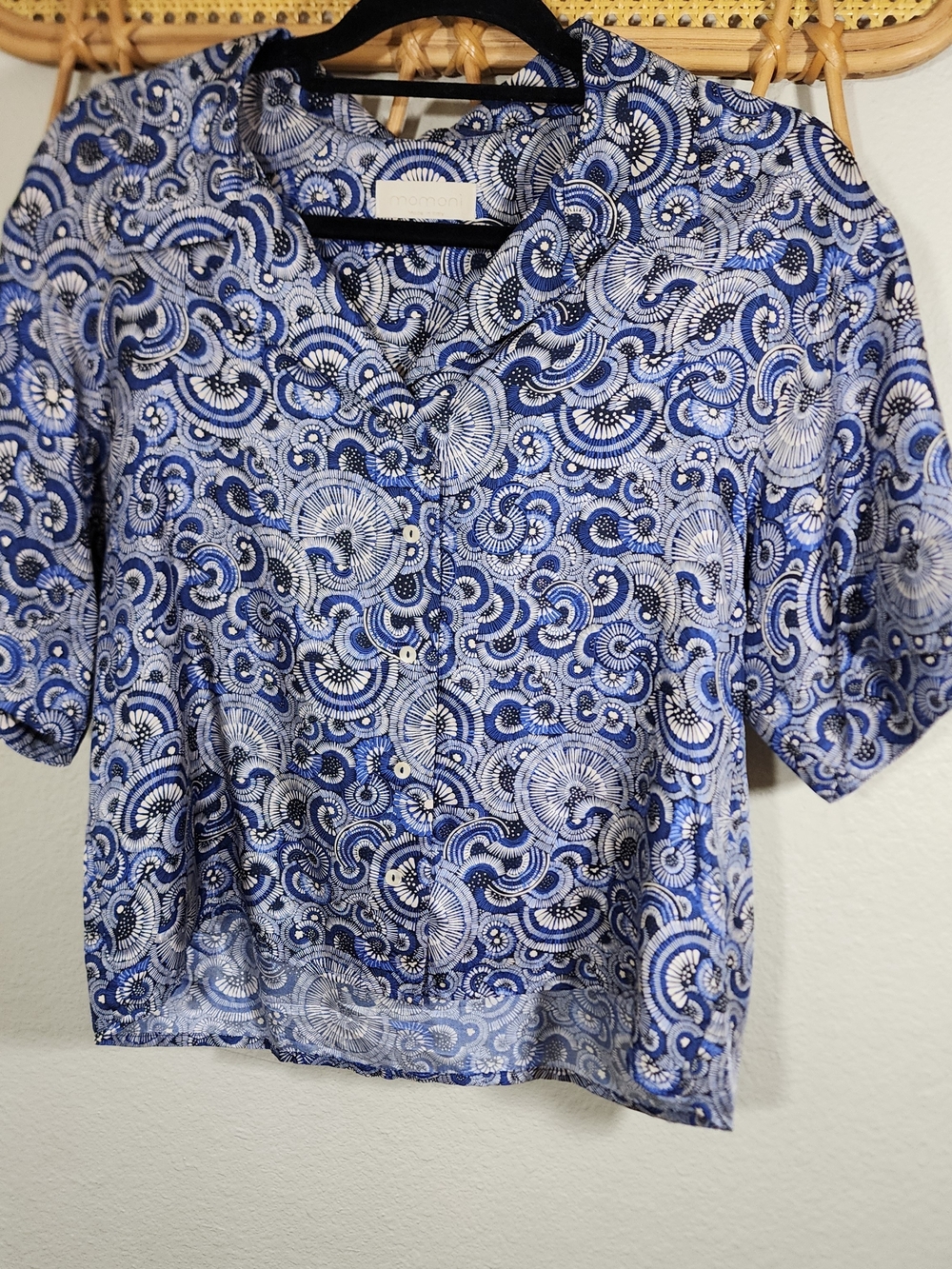 Blue Printed Short-Sleeve Button Front Blouse